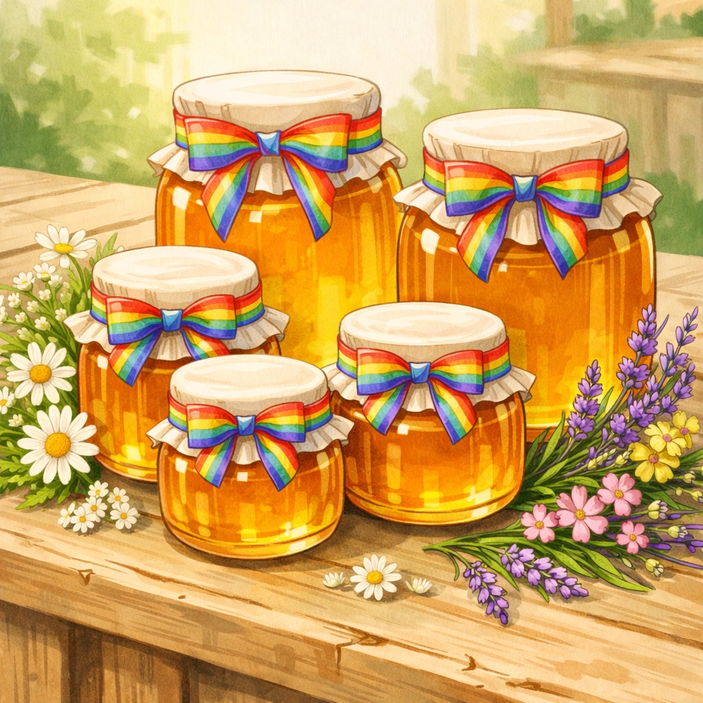Queer Bee Honey jars with rainbow ribbons - artisanal honey from LGBTQ+ social enterprise