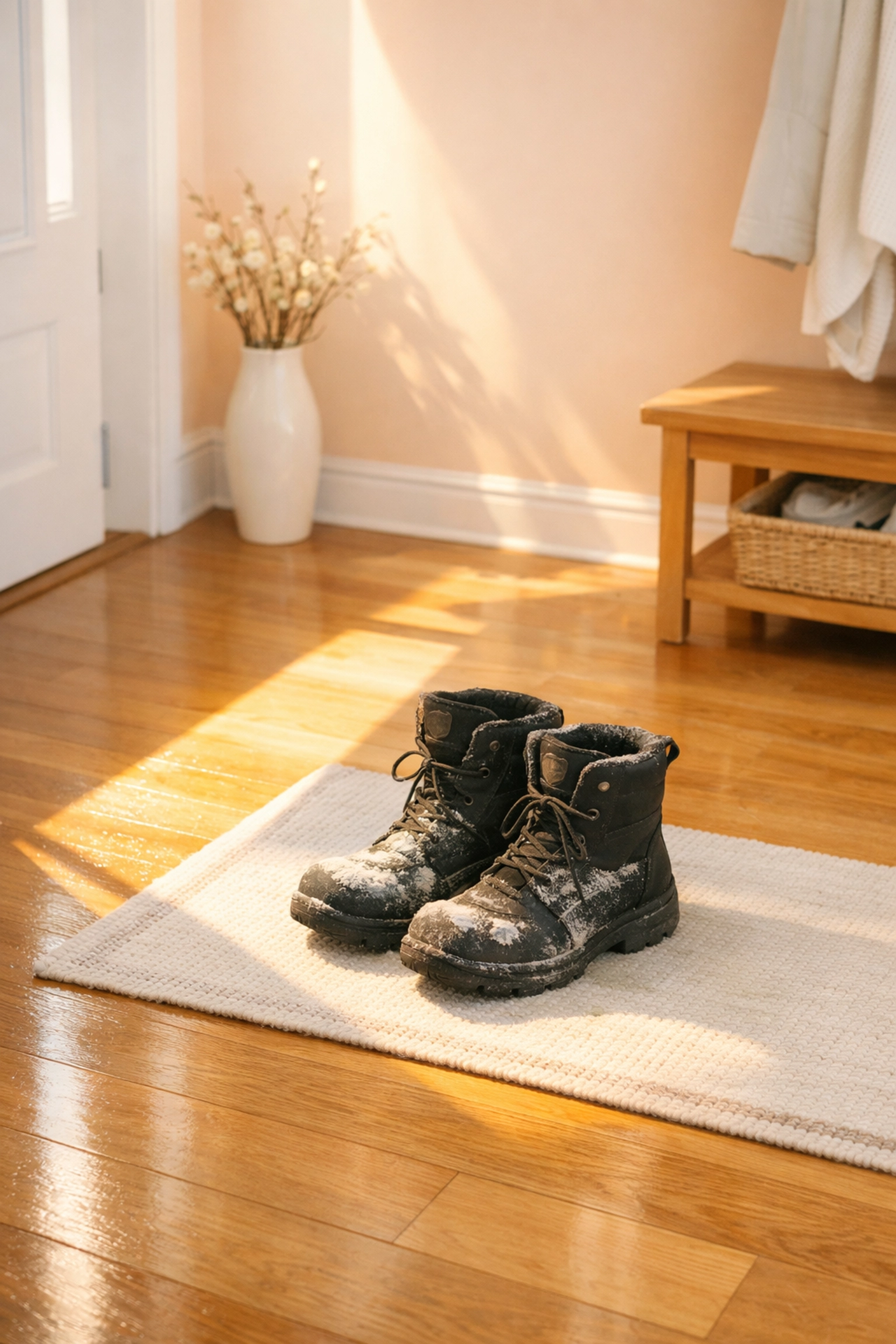 Salt-stained boots on clean hardwood floors illustrating the need for deep cleaning service in Cedar Falls.