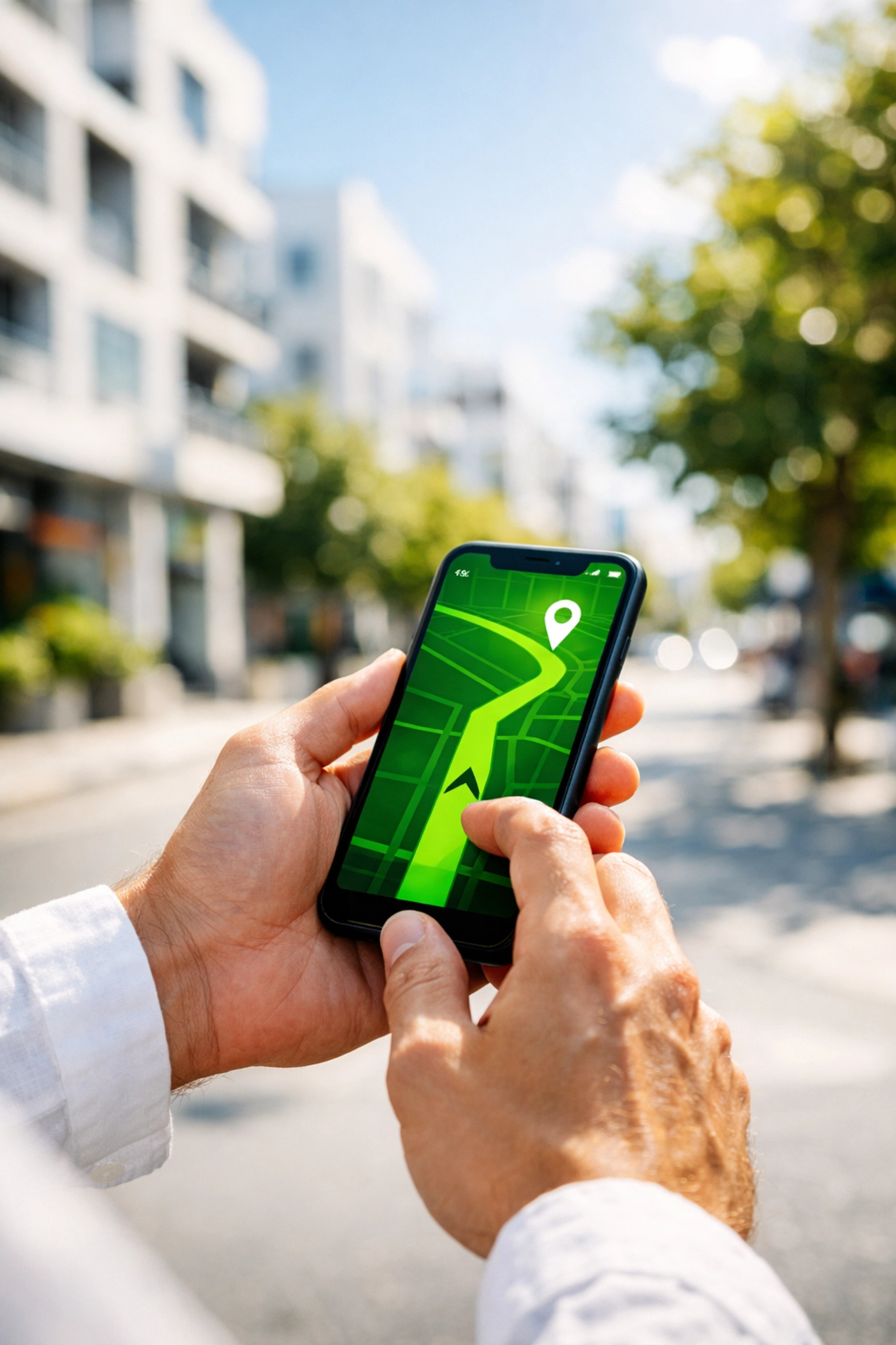 Person using a mobile-friendly smartphone interface to find local services in a bright urban area.