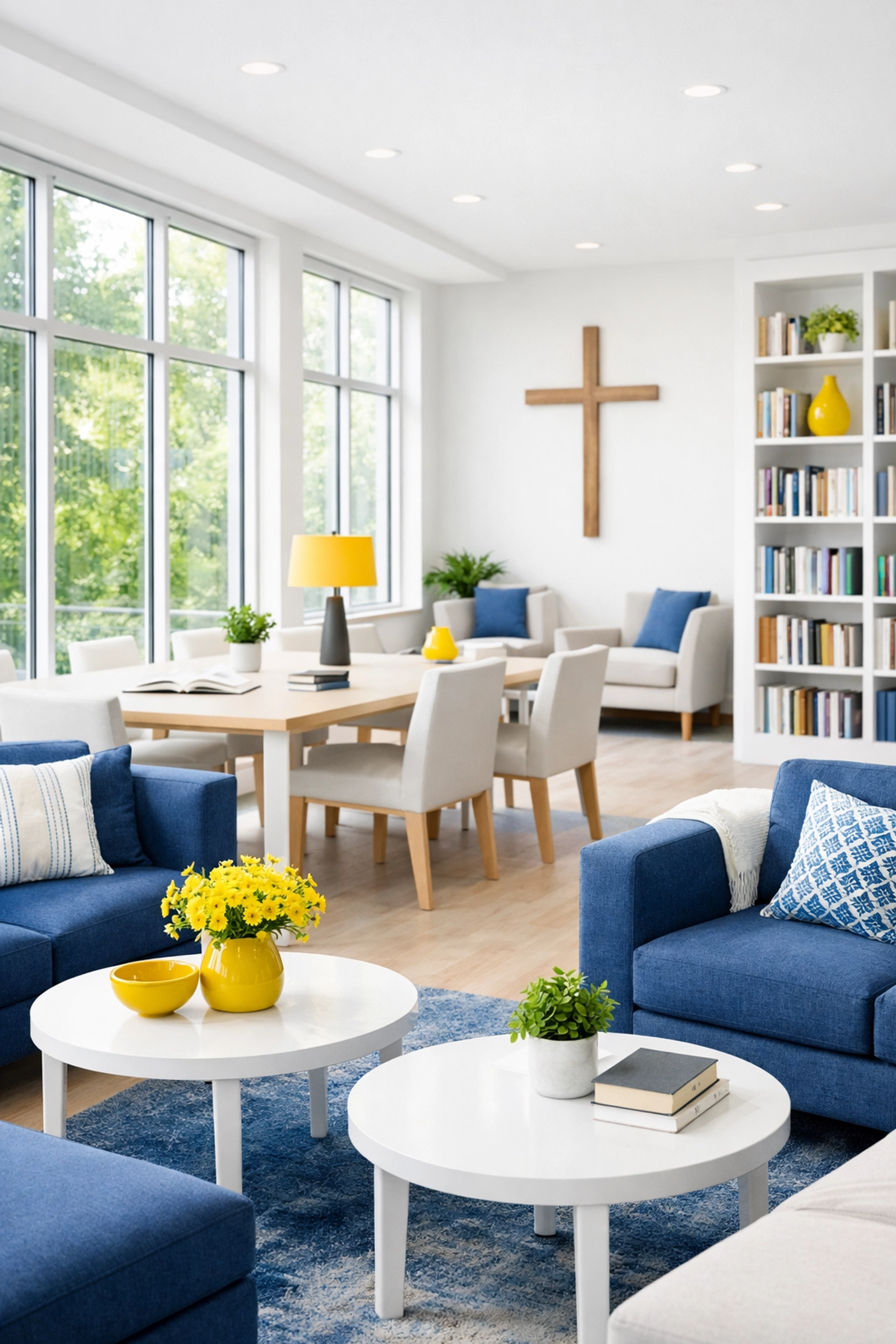 A bright, eco-friendly community room in a Lawrence religious center with clean interiors.