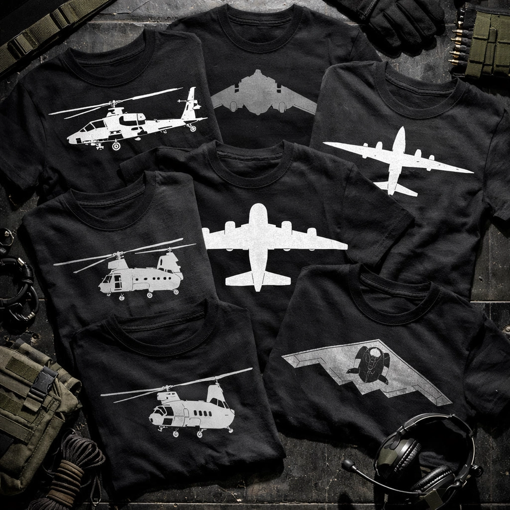 Aviation t-shirts featuring helicopter and bomber designs laid flat