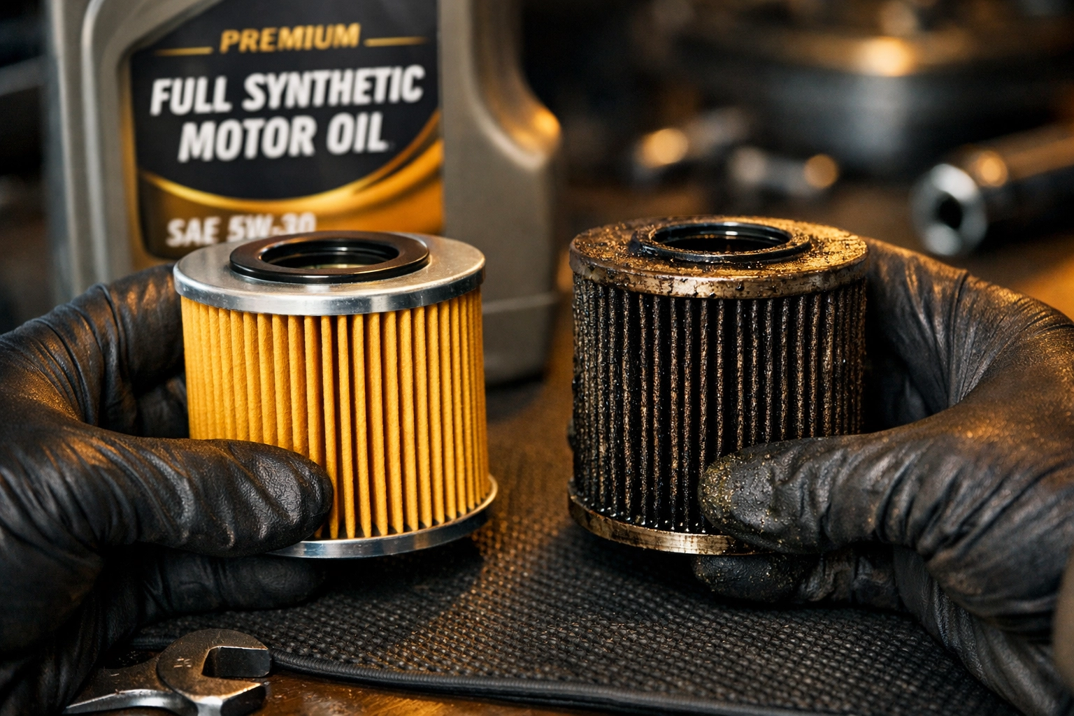 New and used oil filter comparison showing quality mobile mechanic service