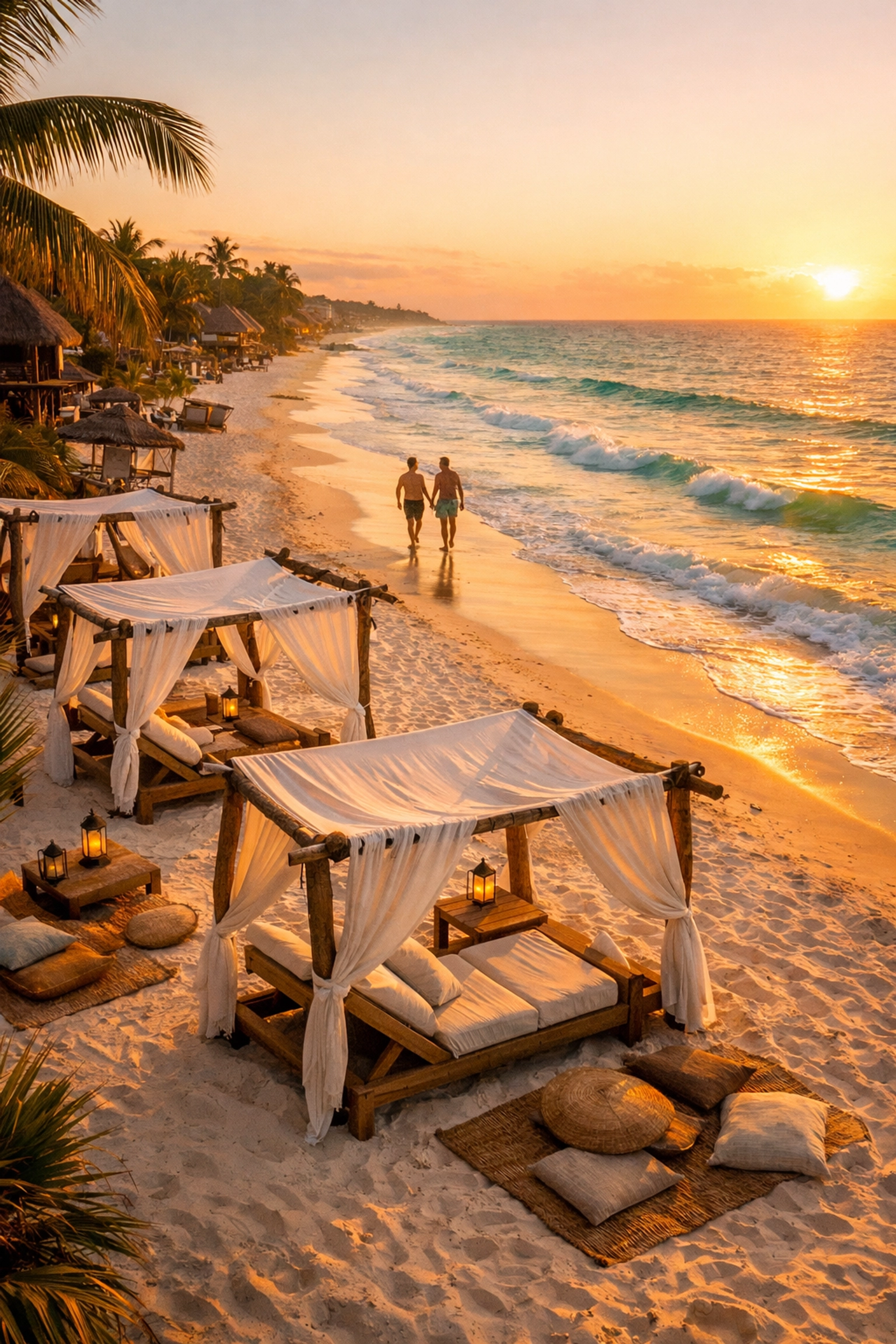 Gay couple walking hand-in-hand on Tulum beach at sunset, bohemian beachfront setting