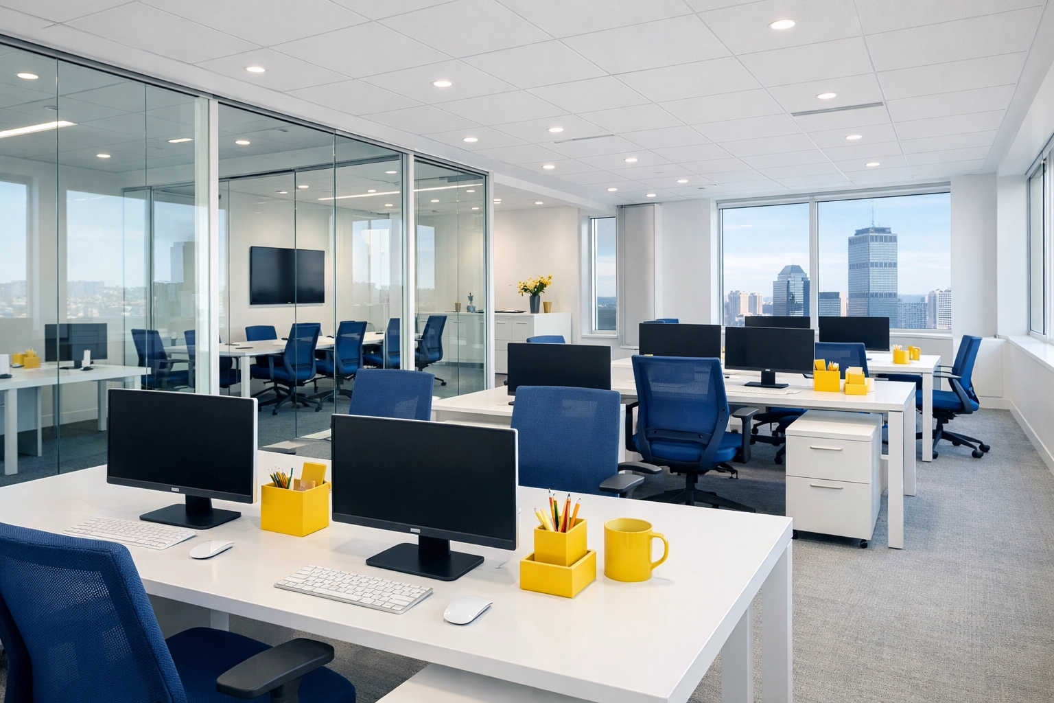A modern and sanitized Boston office desk area reset by janitorial services Boston MA experts.