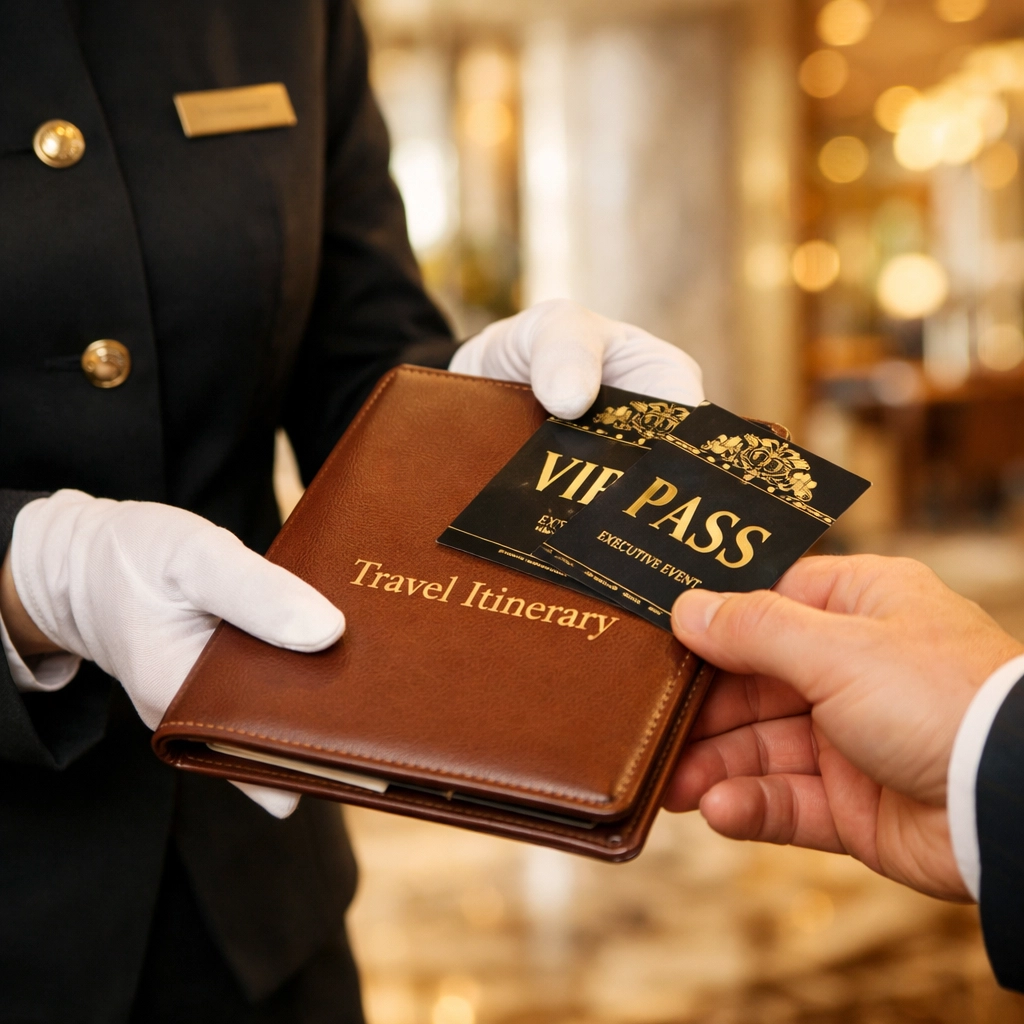 Elite concierge service providing VIP event passes and professional travel itineraries.