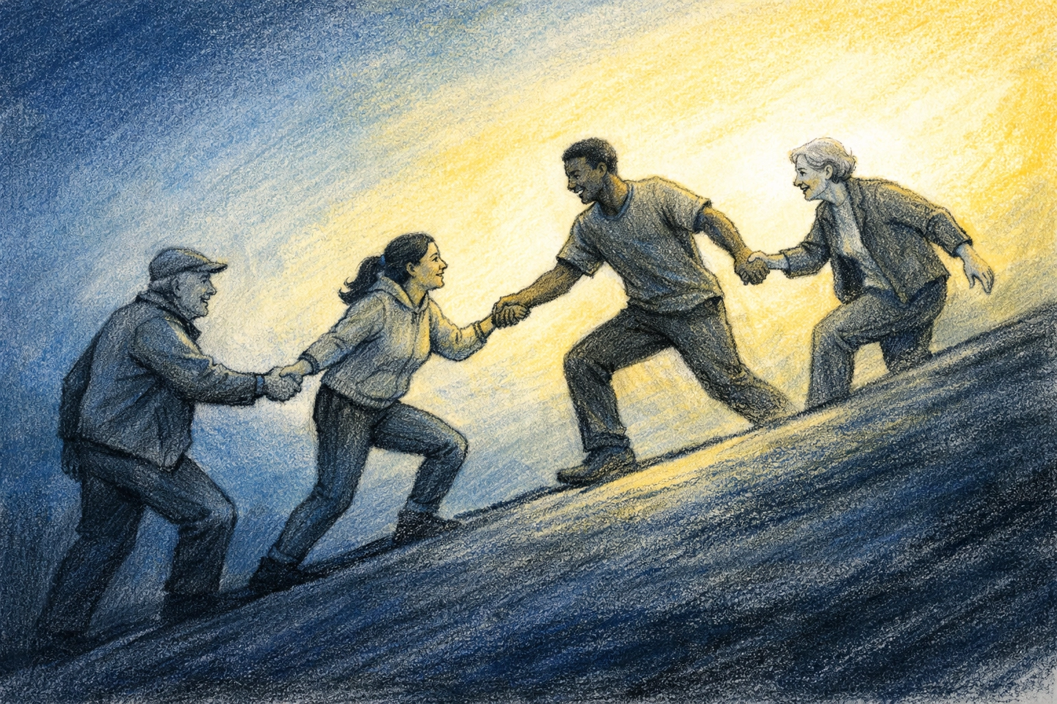 Diverse believers helping each other walk upward path together, showing Christian transformation and community