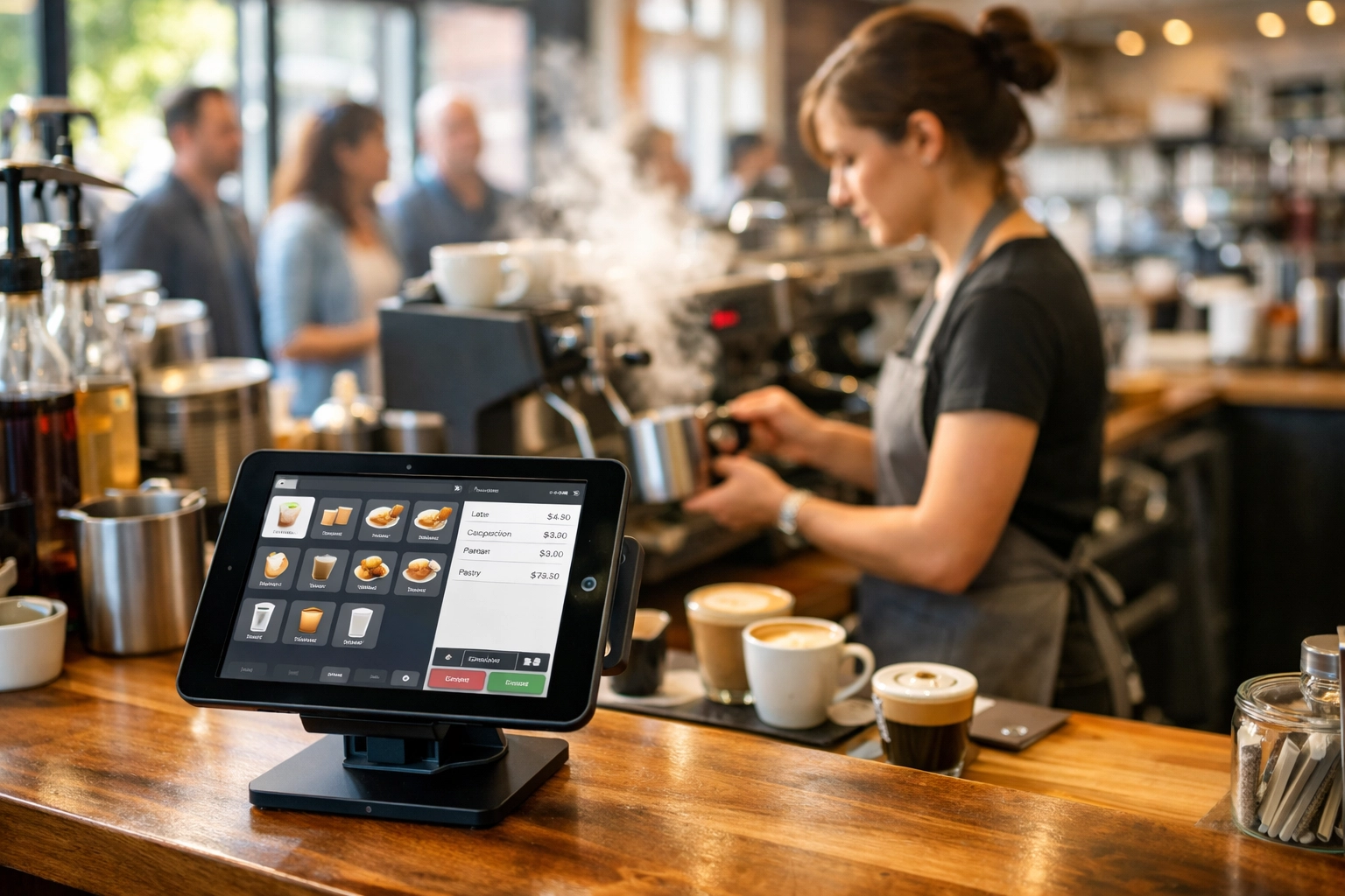 Busy UK coffee shop counter with modern POS system during morning rush hour service