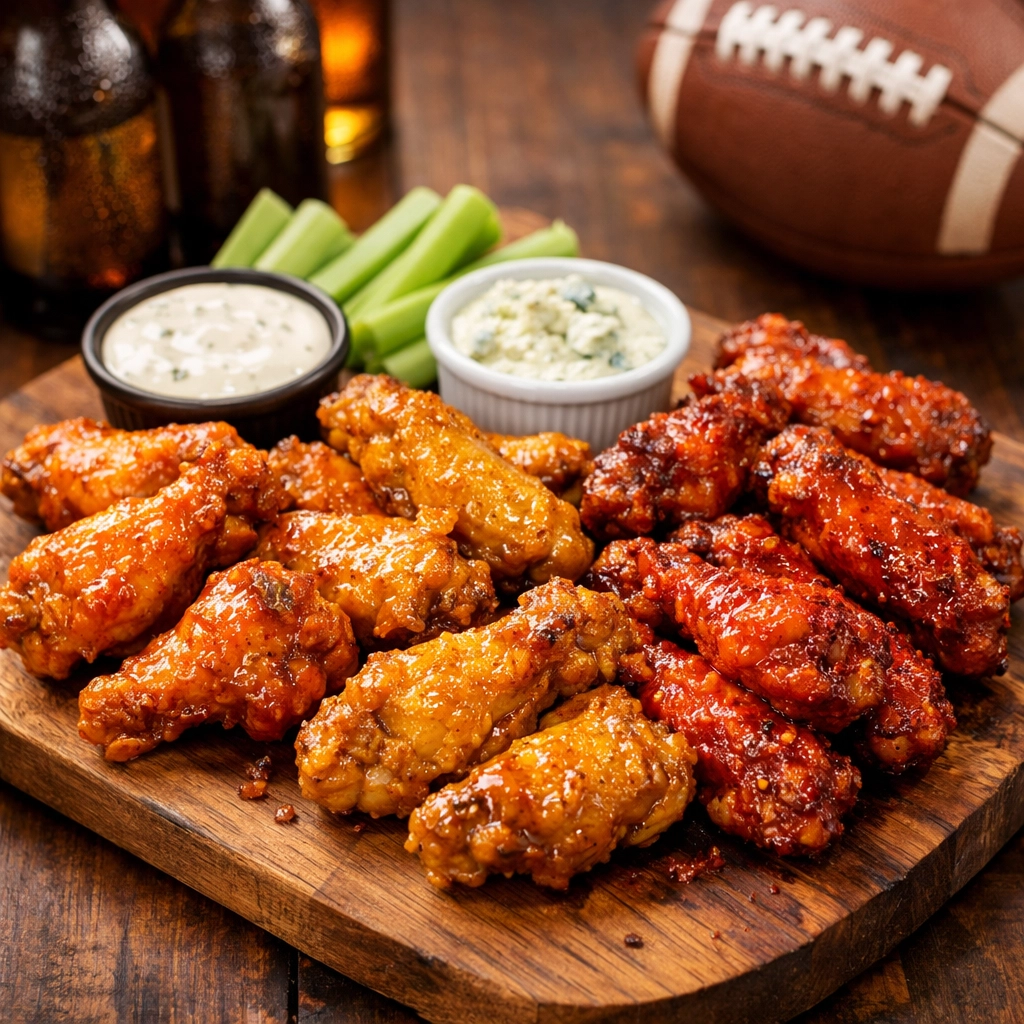 Crispy chicken wings with buffalo sauce and ranch for game day in Las Vegas