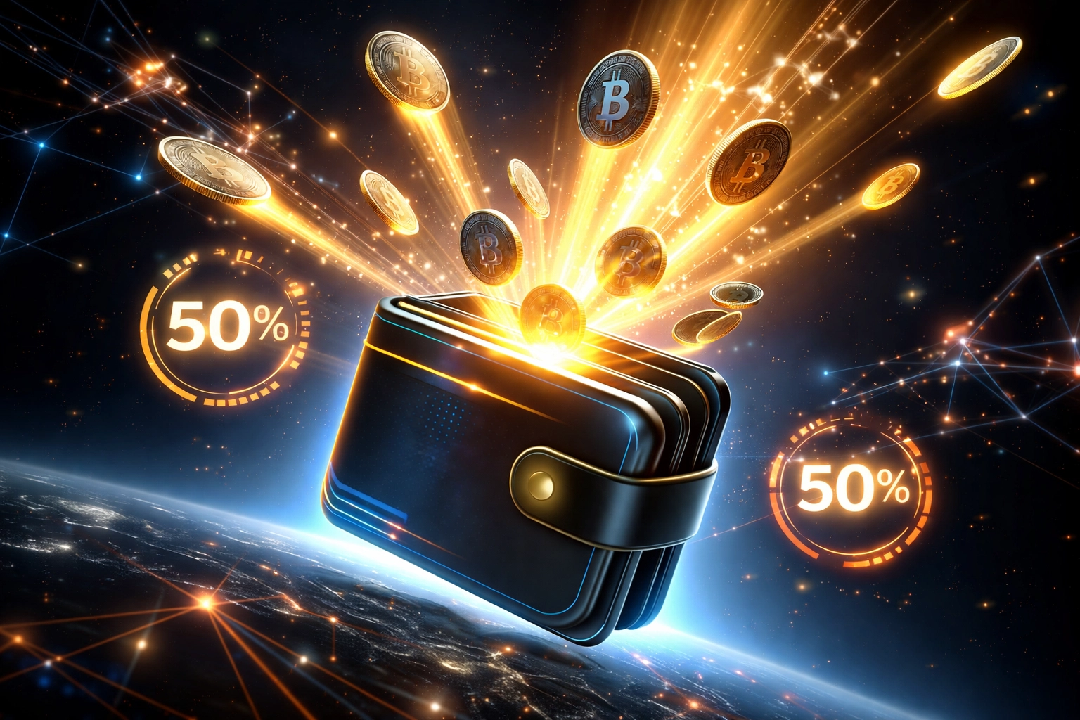 Digital wallet floating in space with cryptocurrency coins and golden rays representing Larecoin's reduced merchant processing fees and blockchain transactions.