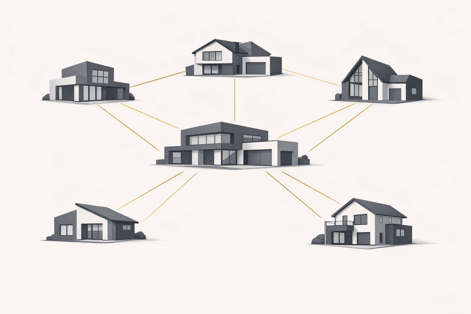 Interconnected modern house icons illustrating a real estate referral network and agent lead generation system.