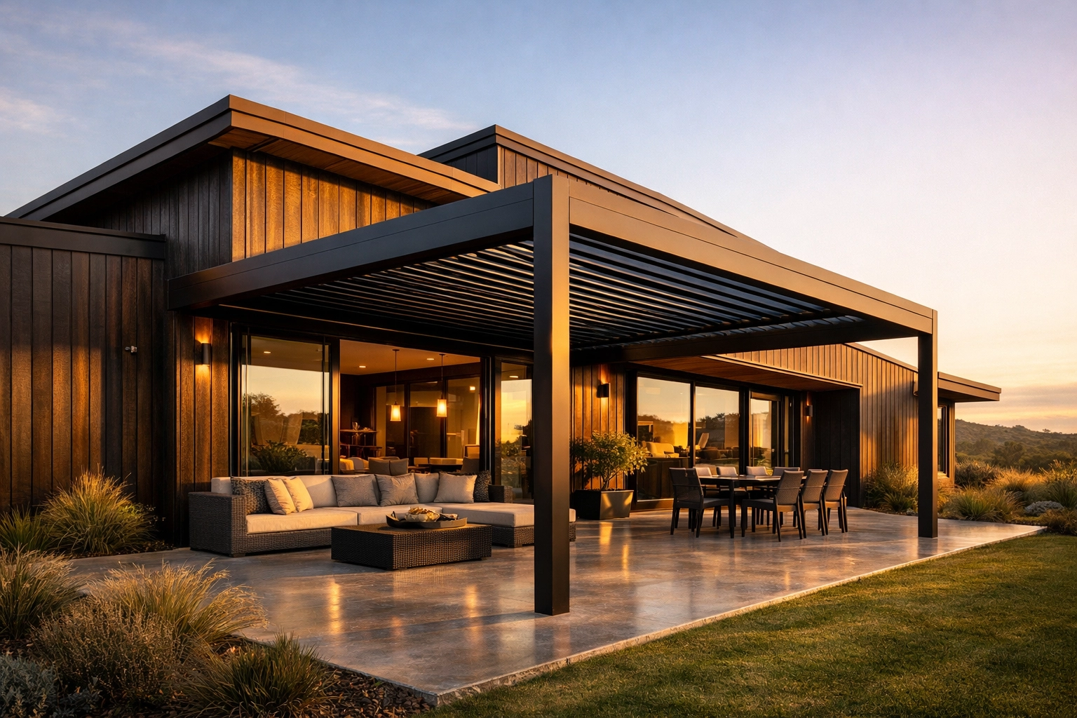 Modern NZ home with a dark aluminium louvre system matching architectural steel cladding.