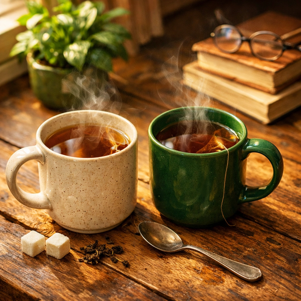 Two warm mugs of tea on a table, representing community support and comfort for displaced families in New Jersey.