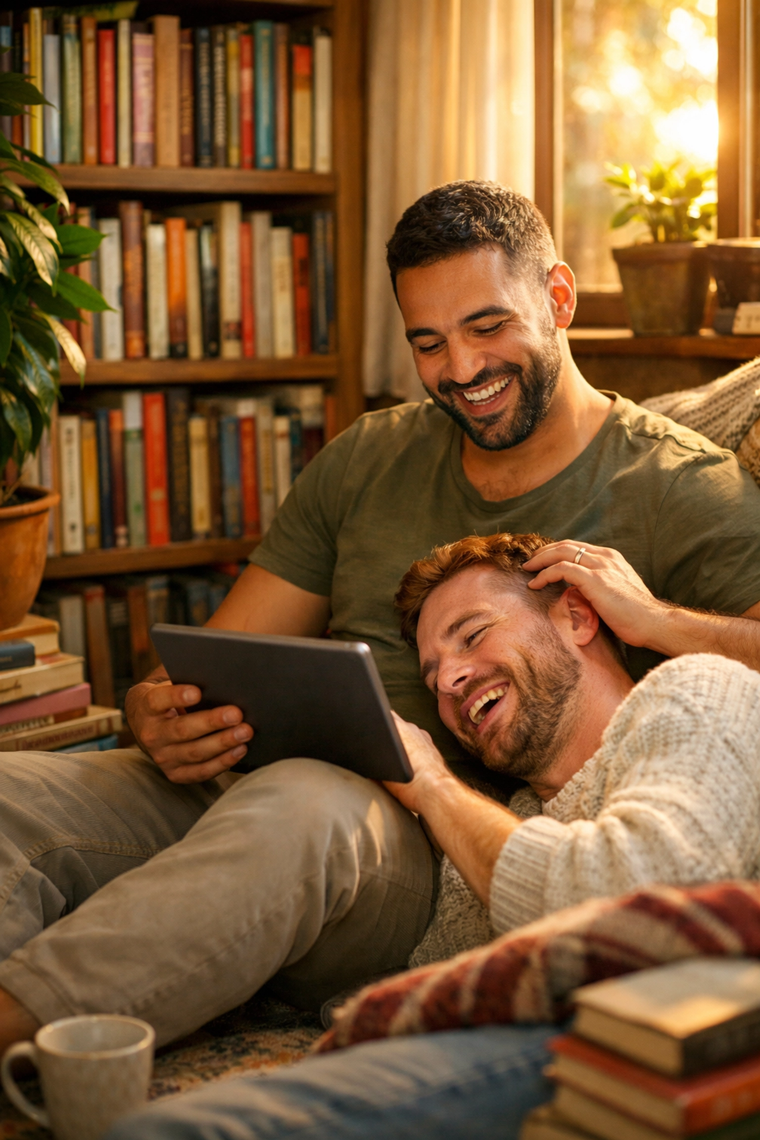 A diverse gay couple laughing while reading MM romance ebooks together in a cozy home library.