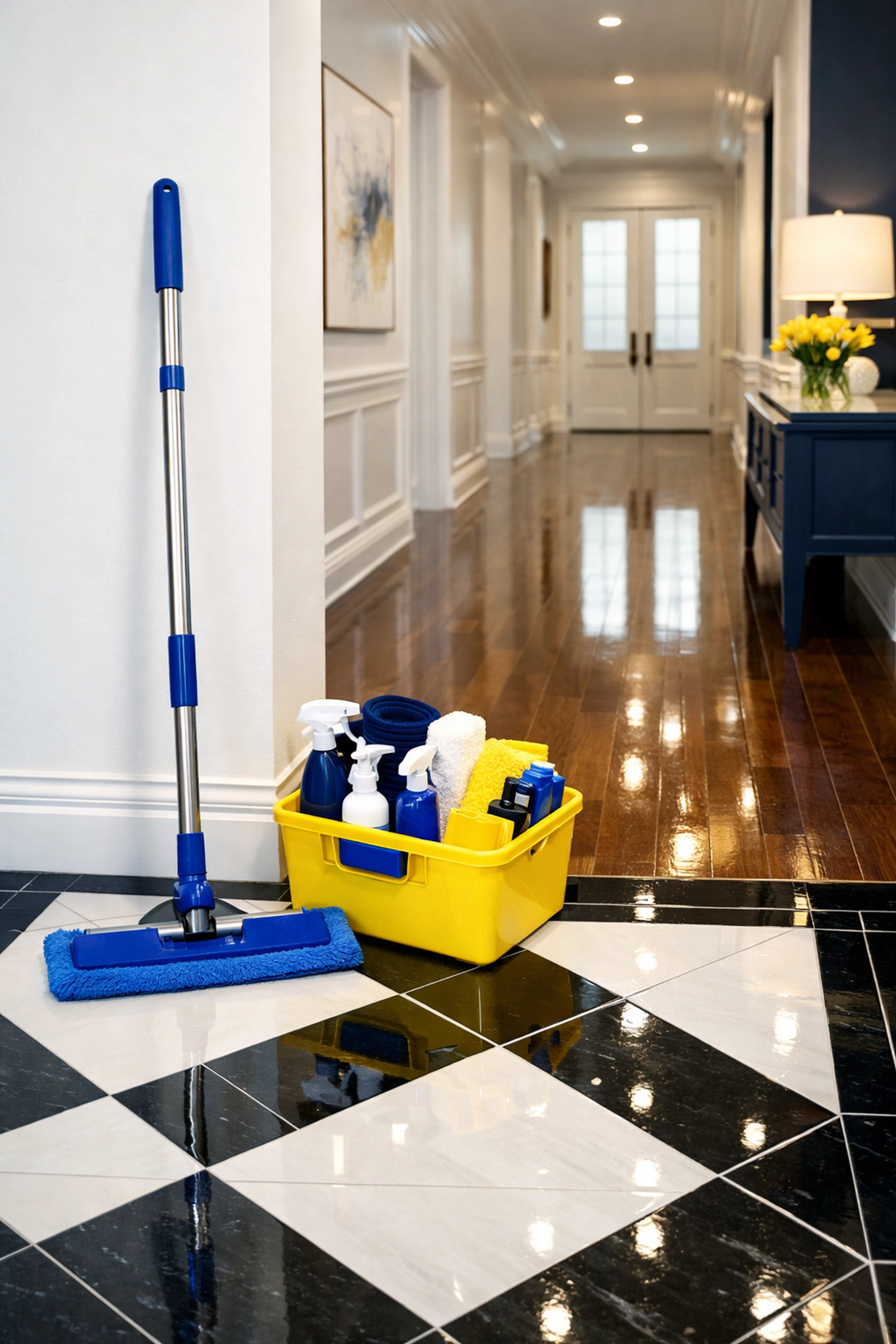 Spotless hallway with professional supplies highlighting a deep cleaning Worcester move-out project.