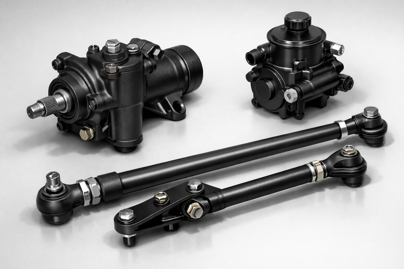 Heavy-duty power steering conversion kit for 1966-1977 Ford Broncos featuring a new steering box.