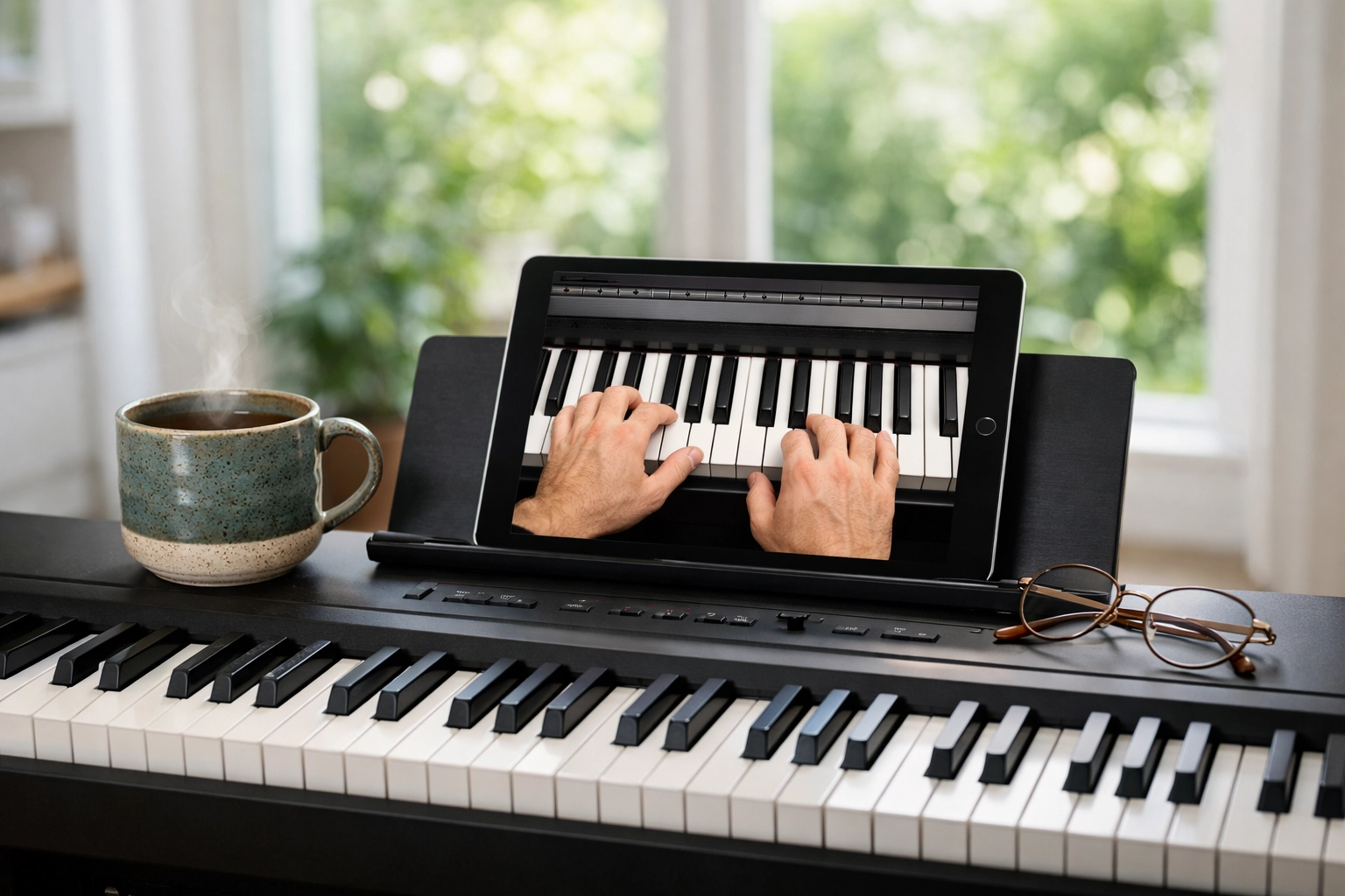 Adult piano lessons online displayed on a tablet at a home digital piano setup with a coffee mug.