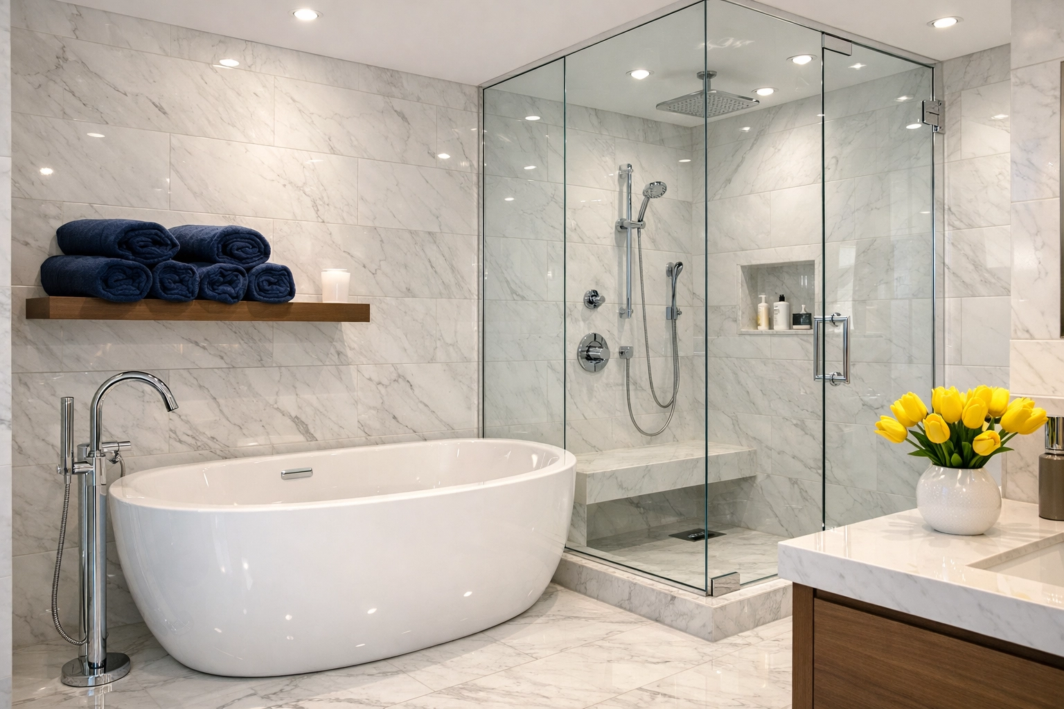 Sparkling modern bathroom with clean marble tiles and a spotless tub after a bi-weekly cleaning.