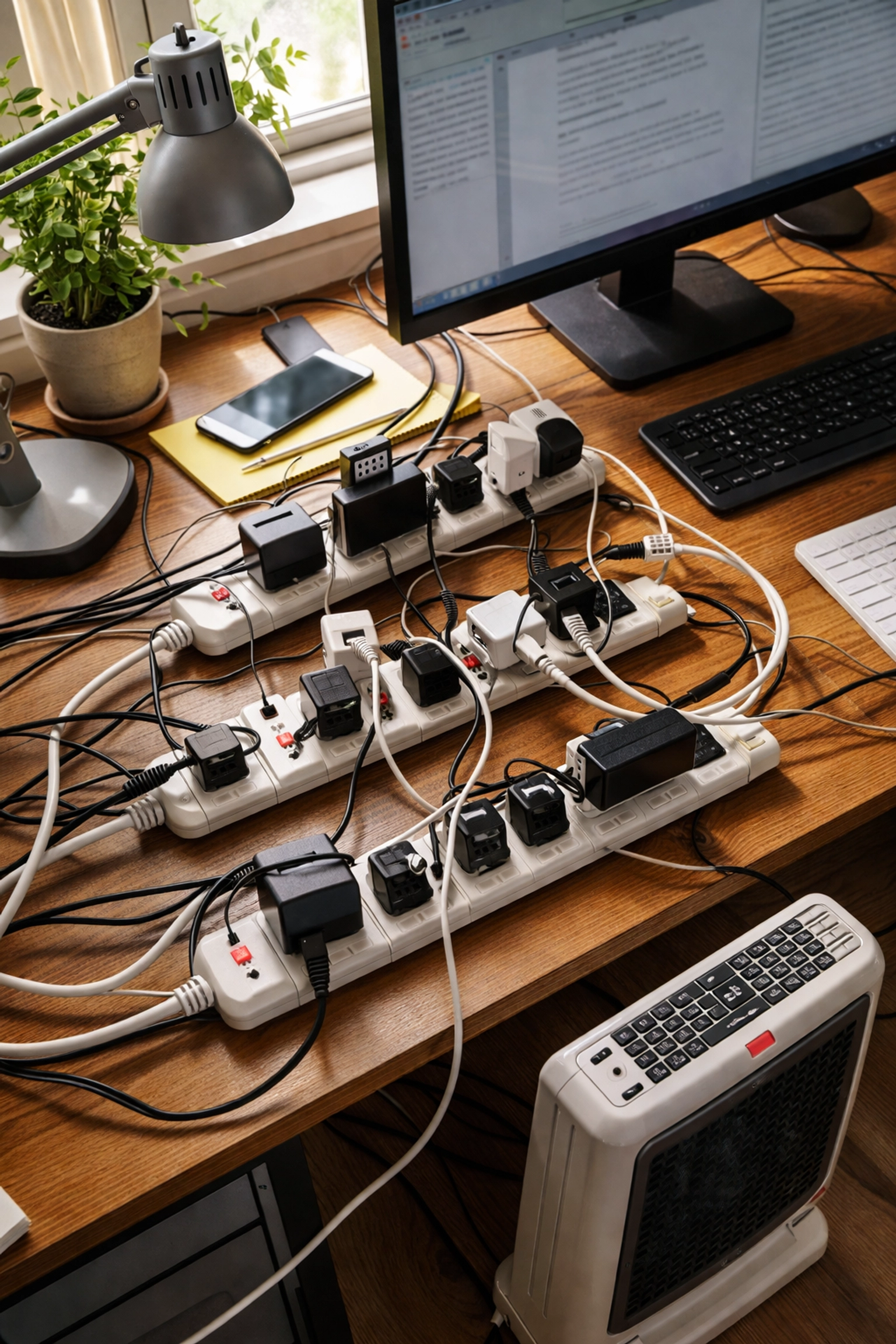 Overloaded home office outlets and power strips in an older Dearborn house