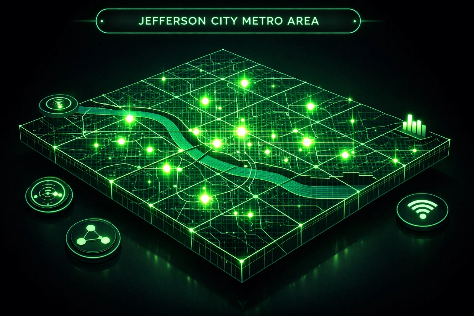 Digital map of Jefferson City MO showing a structured SEO grid for local pest control reach.