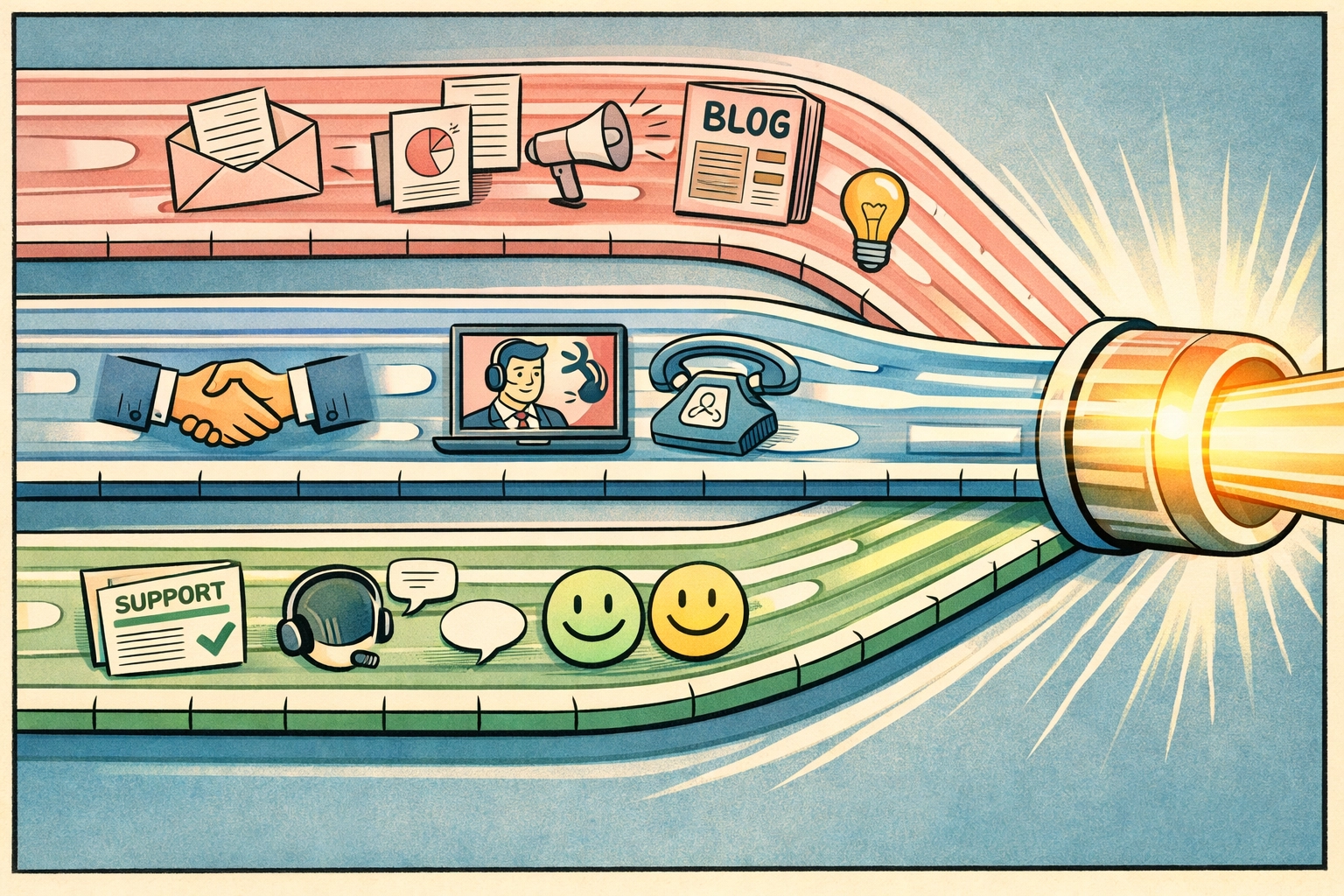 Unified GTM workflow showing Marketing, Sales, and Customer Success converging into single revenue pipeline