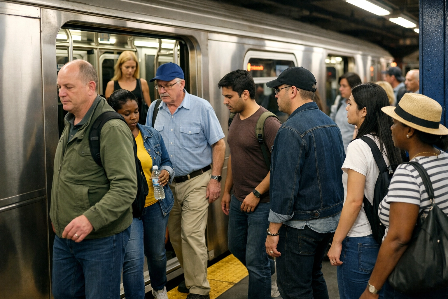 Crowded NYC subway platform with passengers exiting and boarding the train, illustrating urban commuting and subway etiquette.