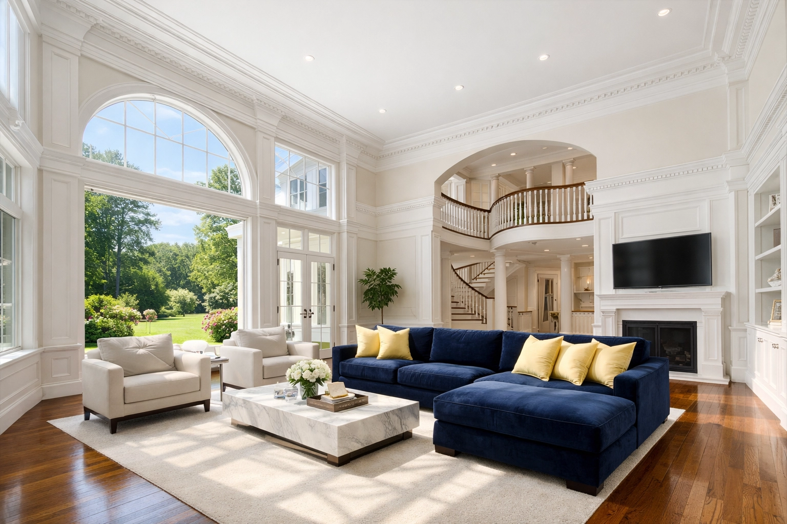 Pristine Andover estate cleaning results in a luxury living room with polished hardwood floors and dust-free surfaces.