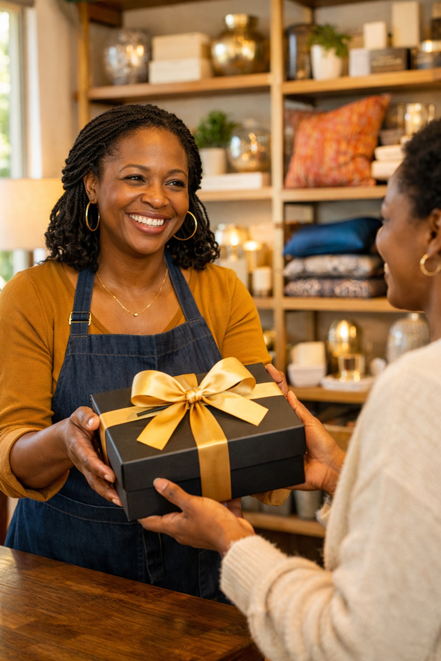Black woman entrepreneur handing a gift to a shopper, illustrating community impact and shared prosperity.