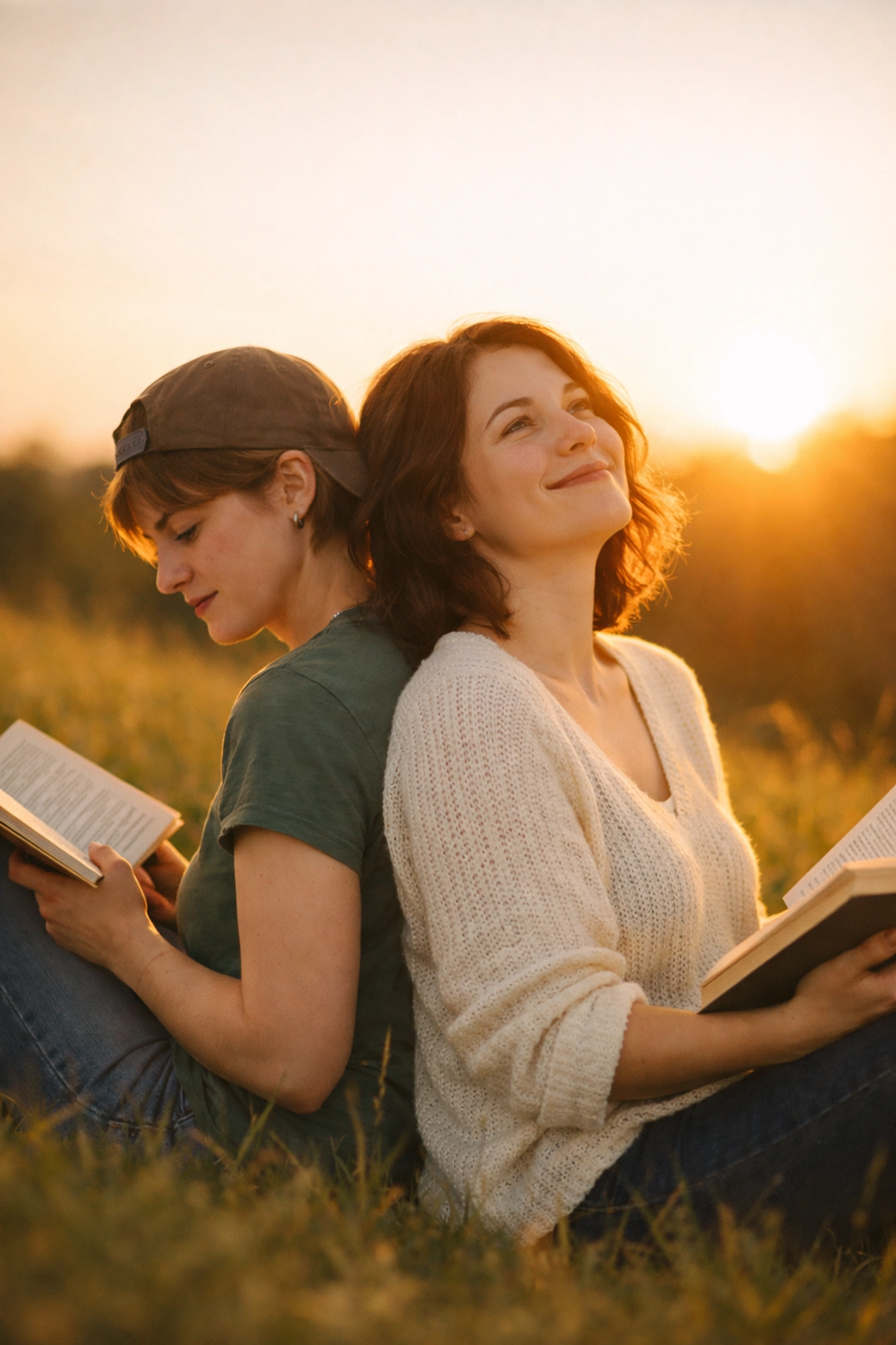 A lesbian couple reading gay romance novels and queer fiction together during a peaceful sunset.