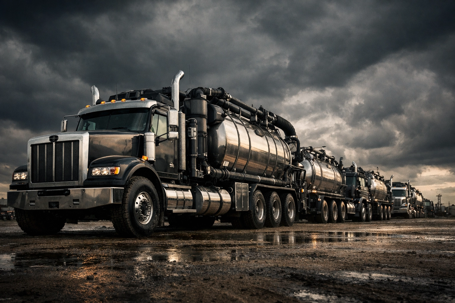 Fleet of hydrovac trucks presented in a welcome-style visibility image for companies serving multiple markets.