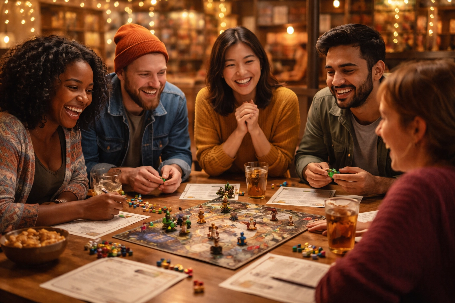 Diverse friends laughing and playing a tabletop board game in an inclusive, welcoming hobby cafe