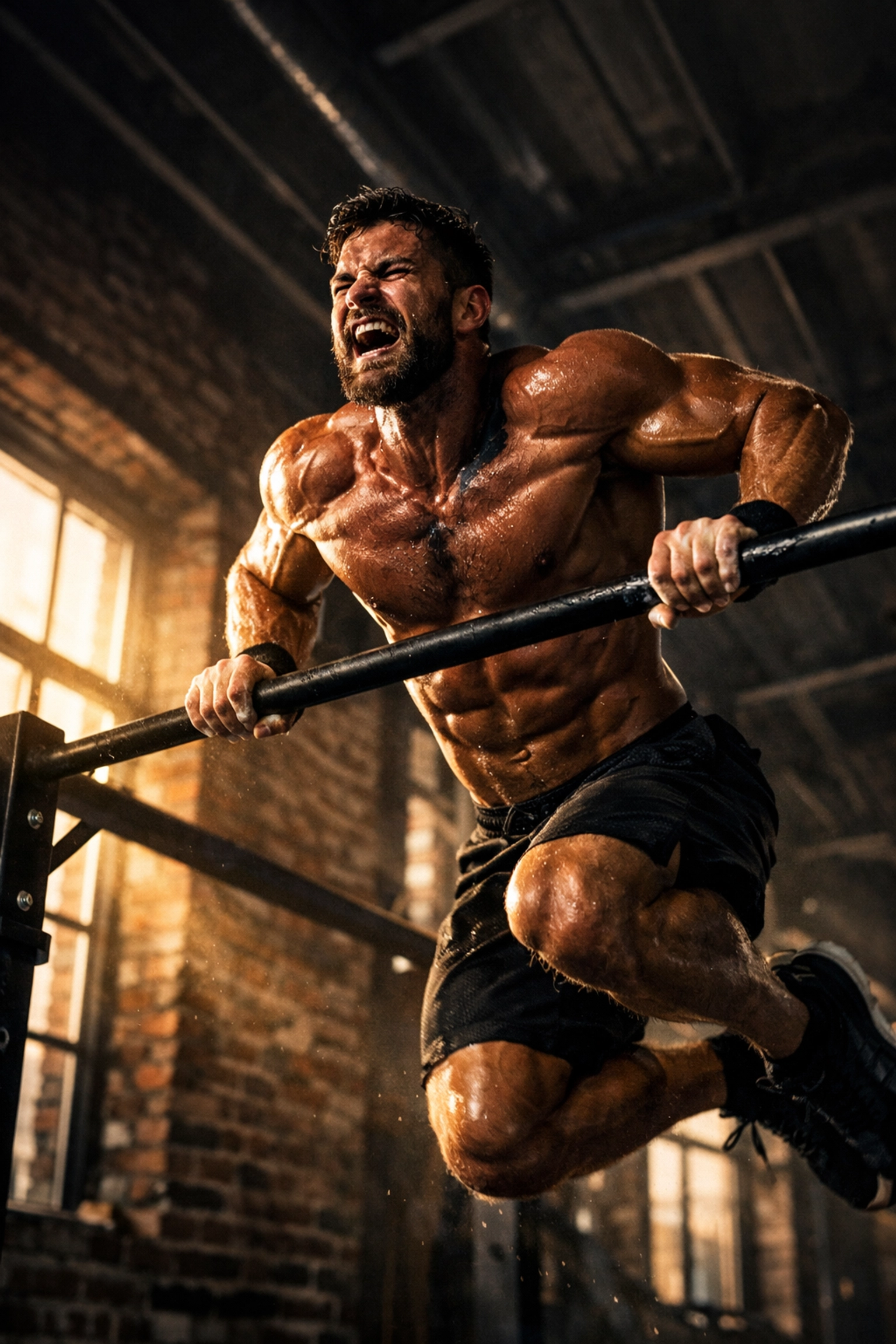 Athlete performing a muscle-up using calisthenics equipment for home bodyweight training.