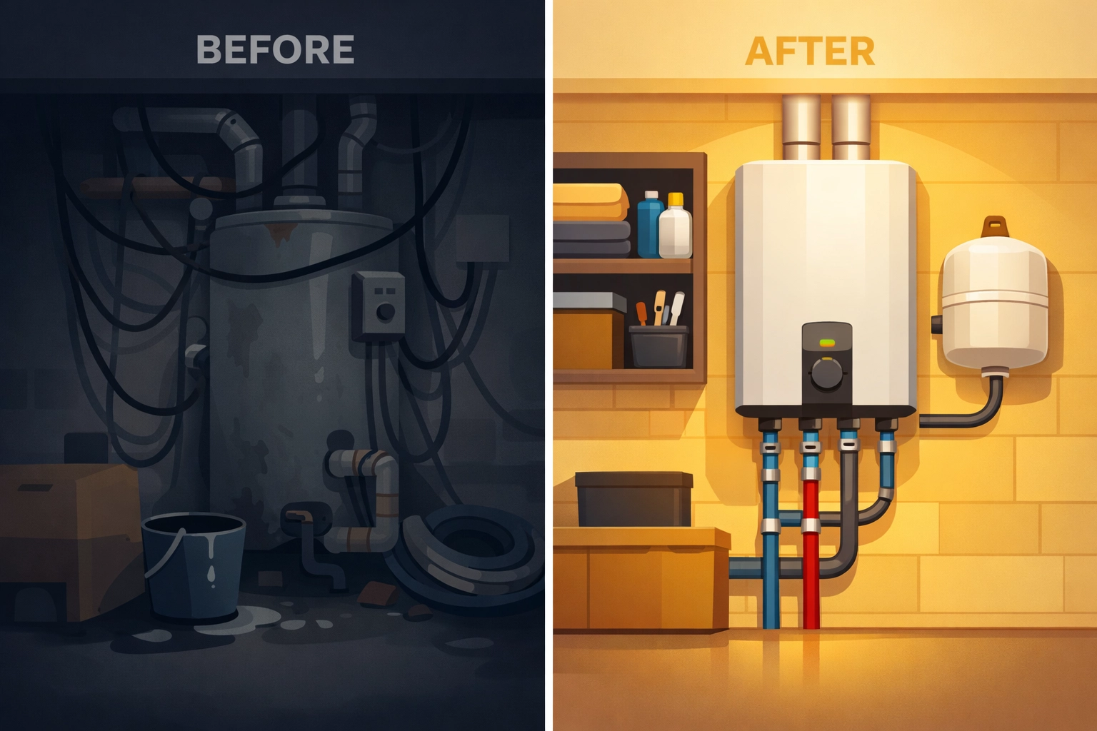 Before and after photo comparison of a home repair project showcasing professional construction documentation.