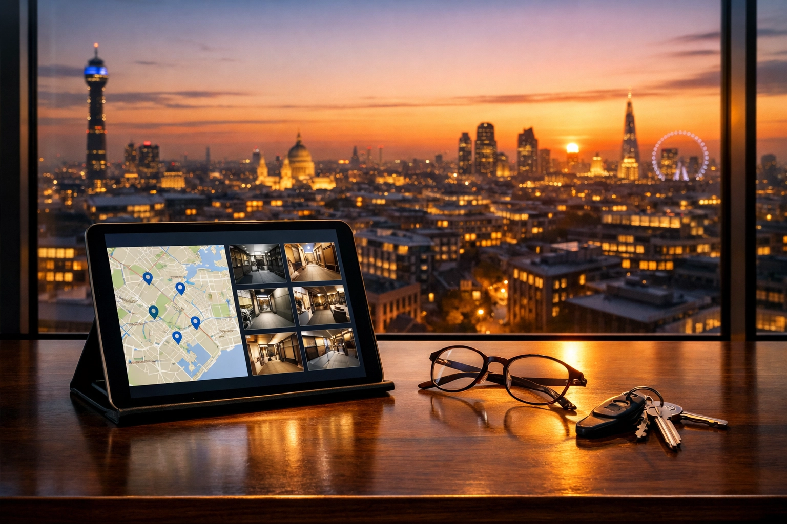 Security management dashboard in a Fitzrovia office overlooking London, representing KGFM Ltd services.