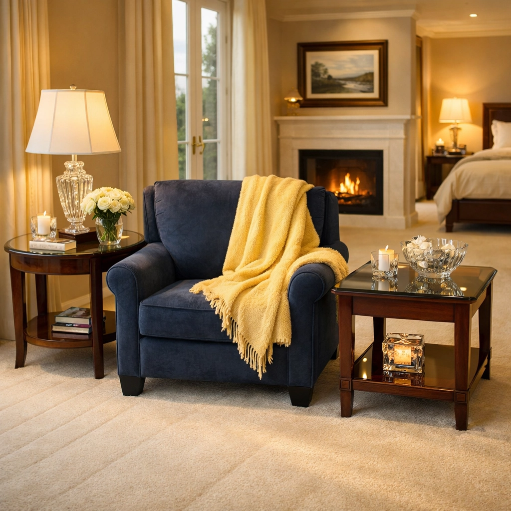 Serene master suite sitting area with fresh vacuum lines from house cleaning Dover MA.