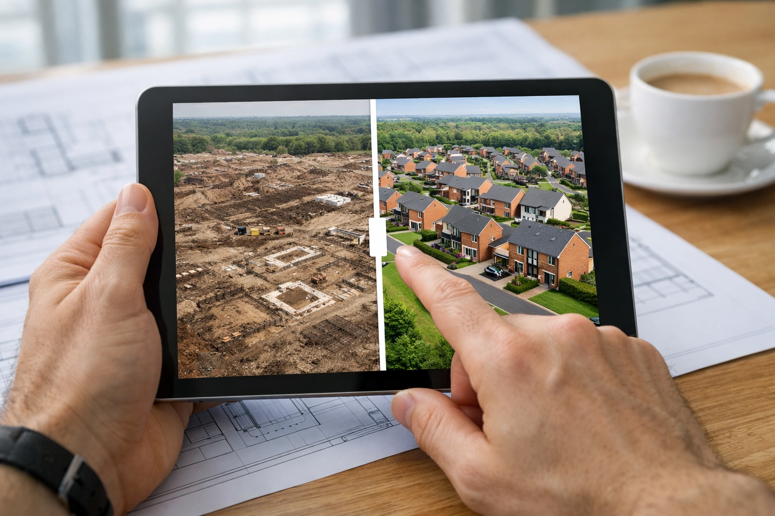 Tablet showing an interactive before and after slider of a modern housing development project.