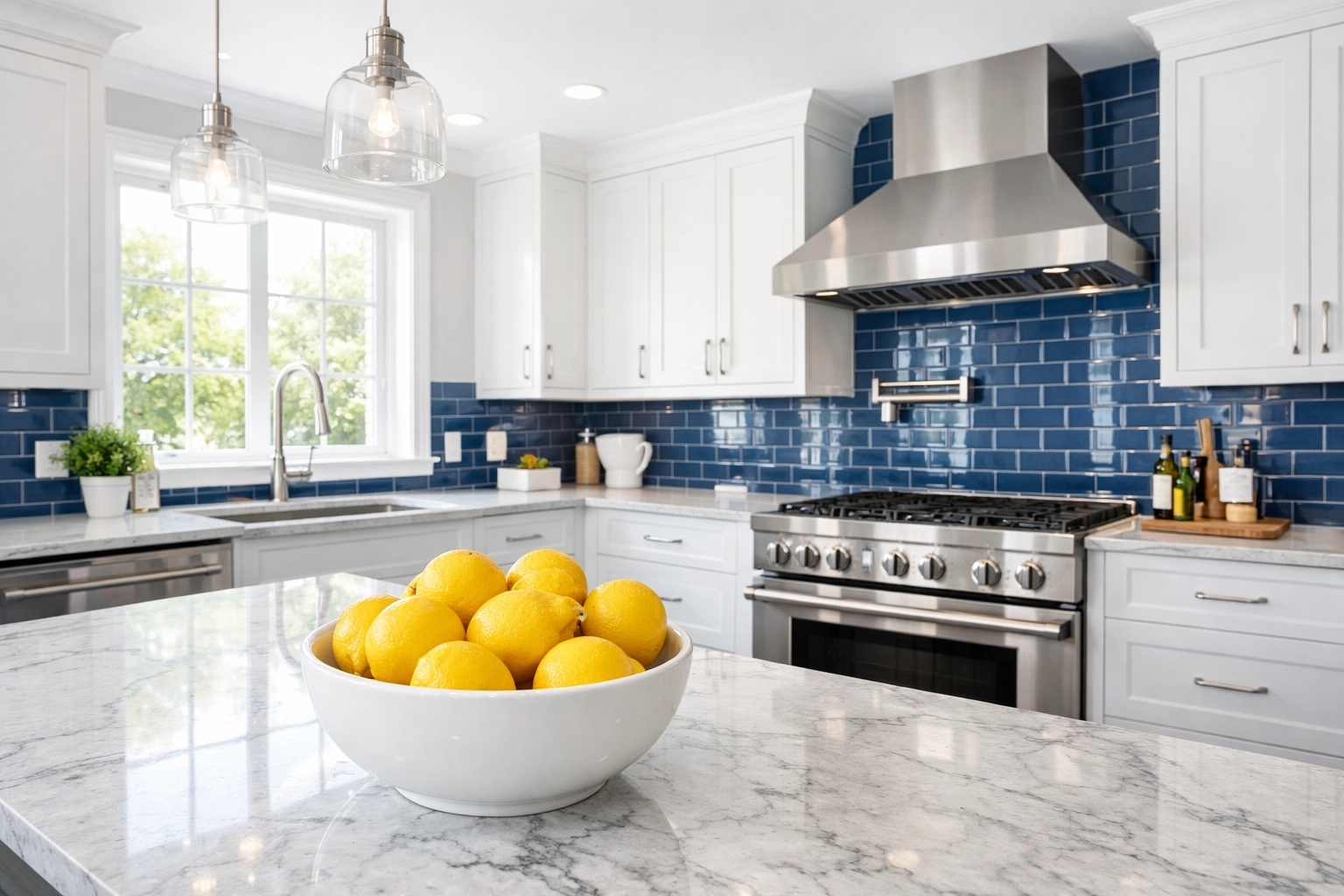 Luxury house cleaning MA in a Worcester home featuring deep-cleaned kitchen cabinets and sparkling marble countertops.