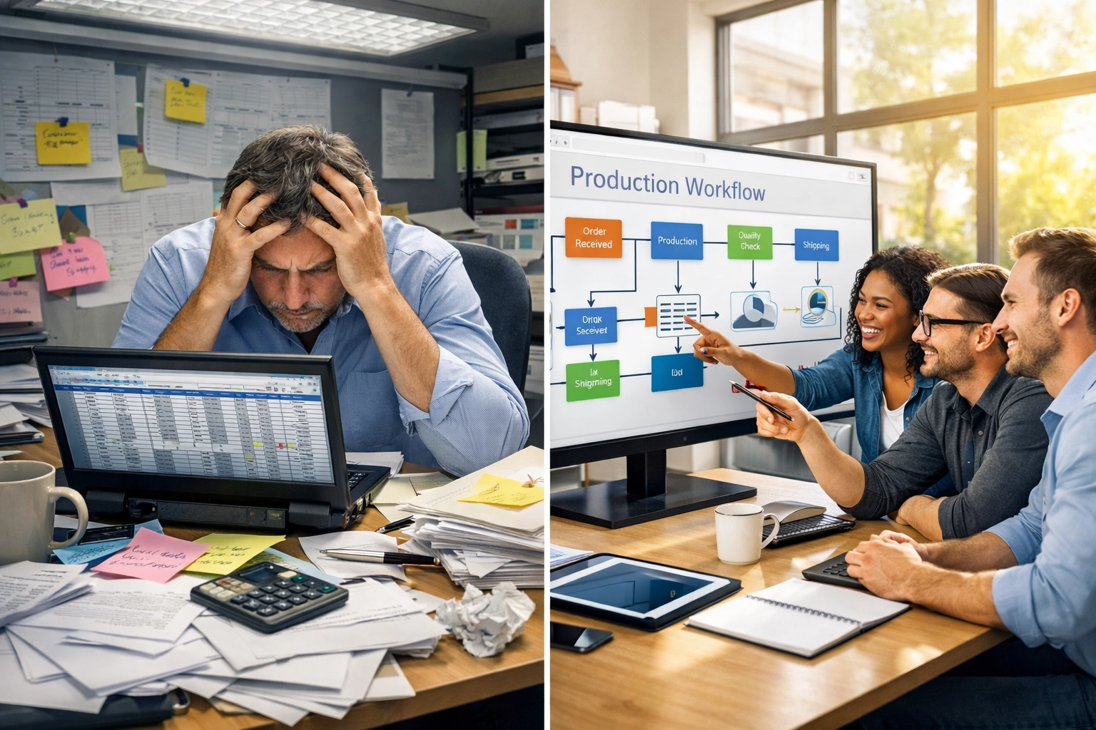 ServiceNow ITSM transformation: chaotic manual processes versus organized digital workflows in manufacturing