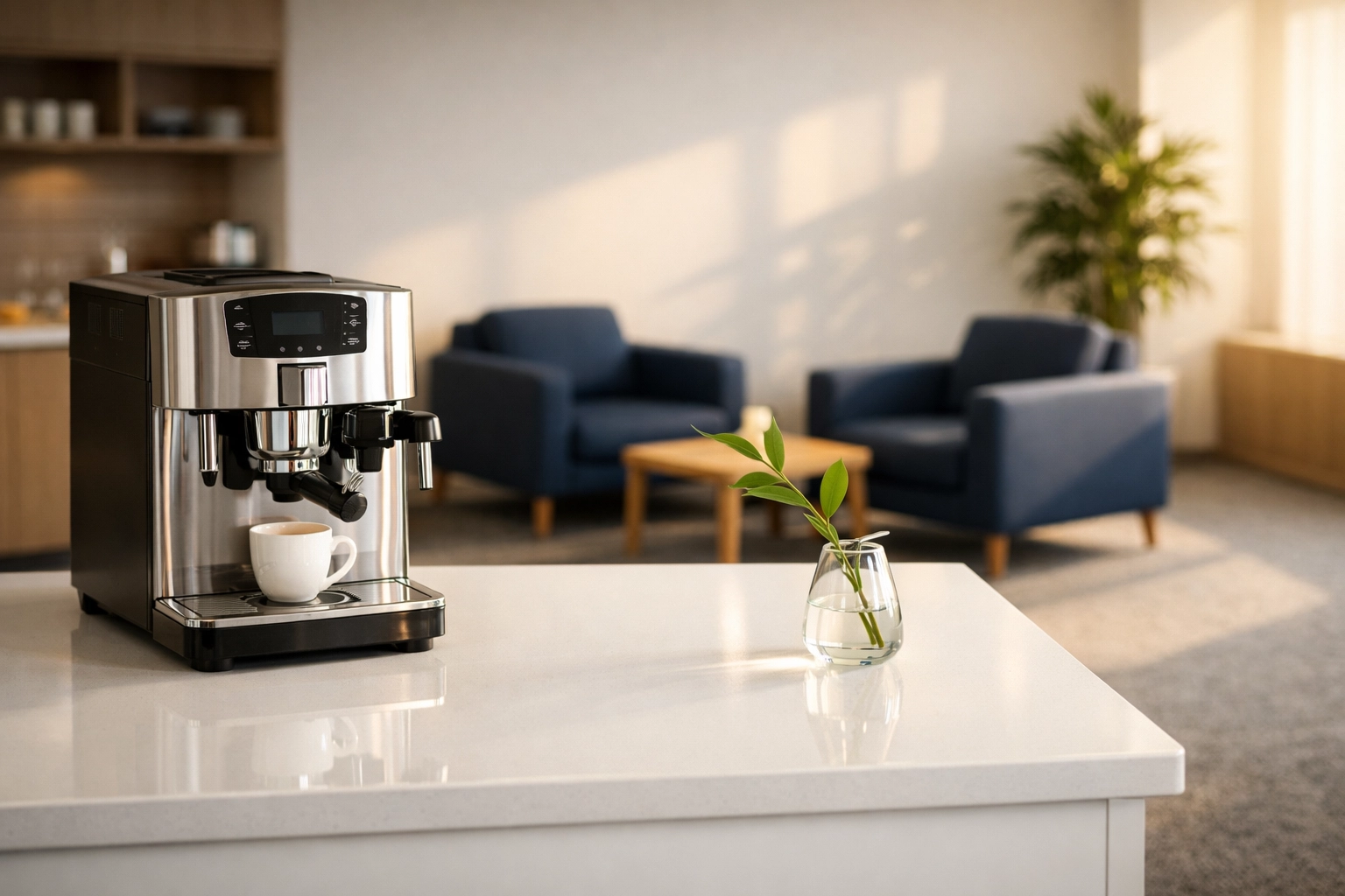 Modern office breakroom featuring sanitized white countertops and a clean lounge area for employees.