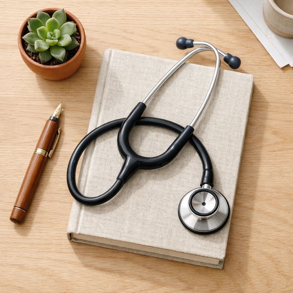 Stethoscope and notebook on a desk, representing a medical student's journey with an Online Chemistry Tutor.