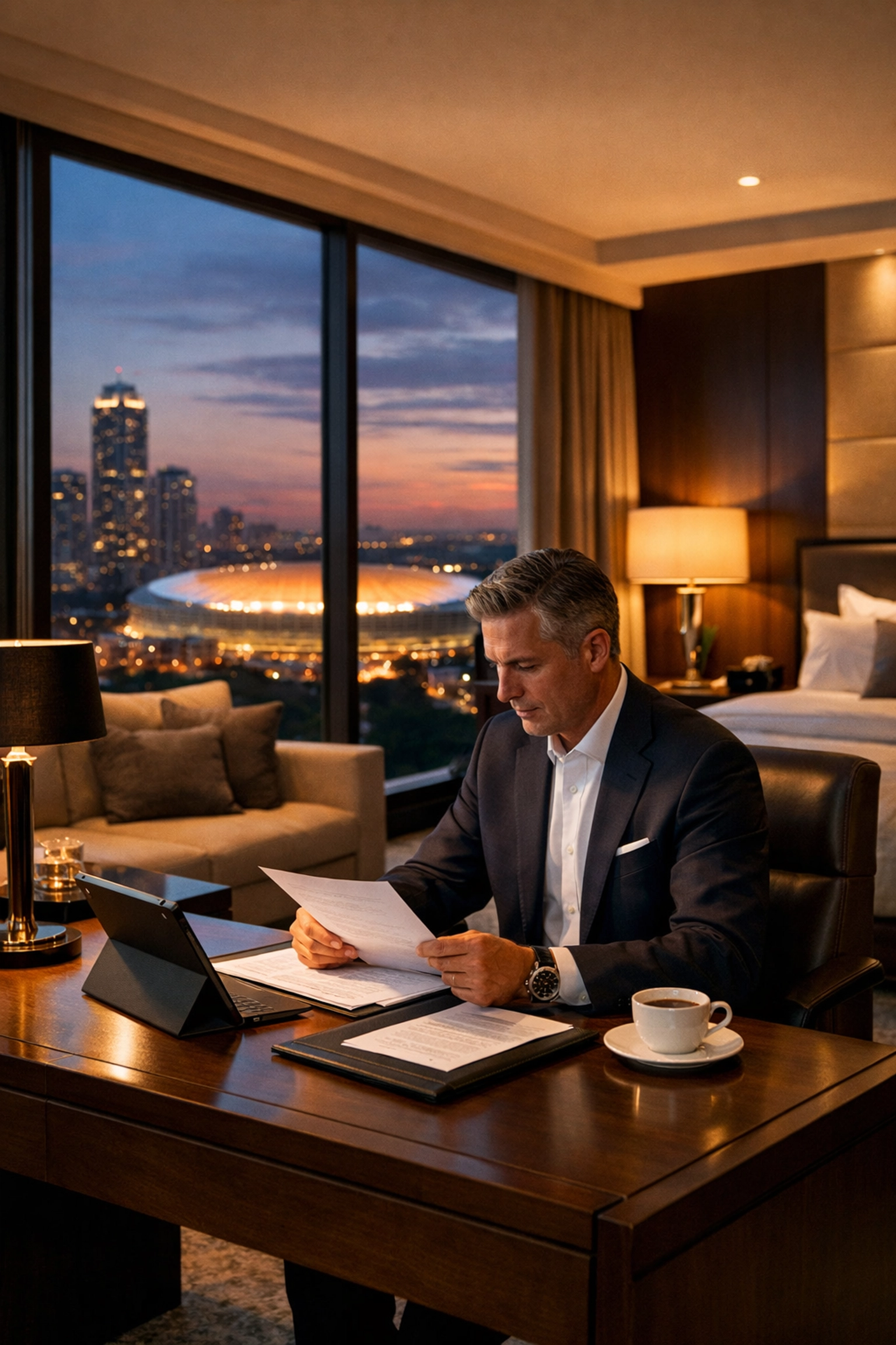 NEWSLETTER: Are You Making These 5 Fatal Super Bowl Travel Mistakes That Turn Executive Trips Into PR Nightmares? Executive in luxury hotel suite overlooking stadium during Super Bowl corporate travel