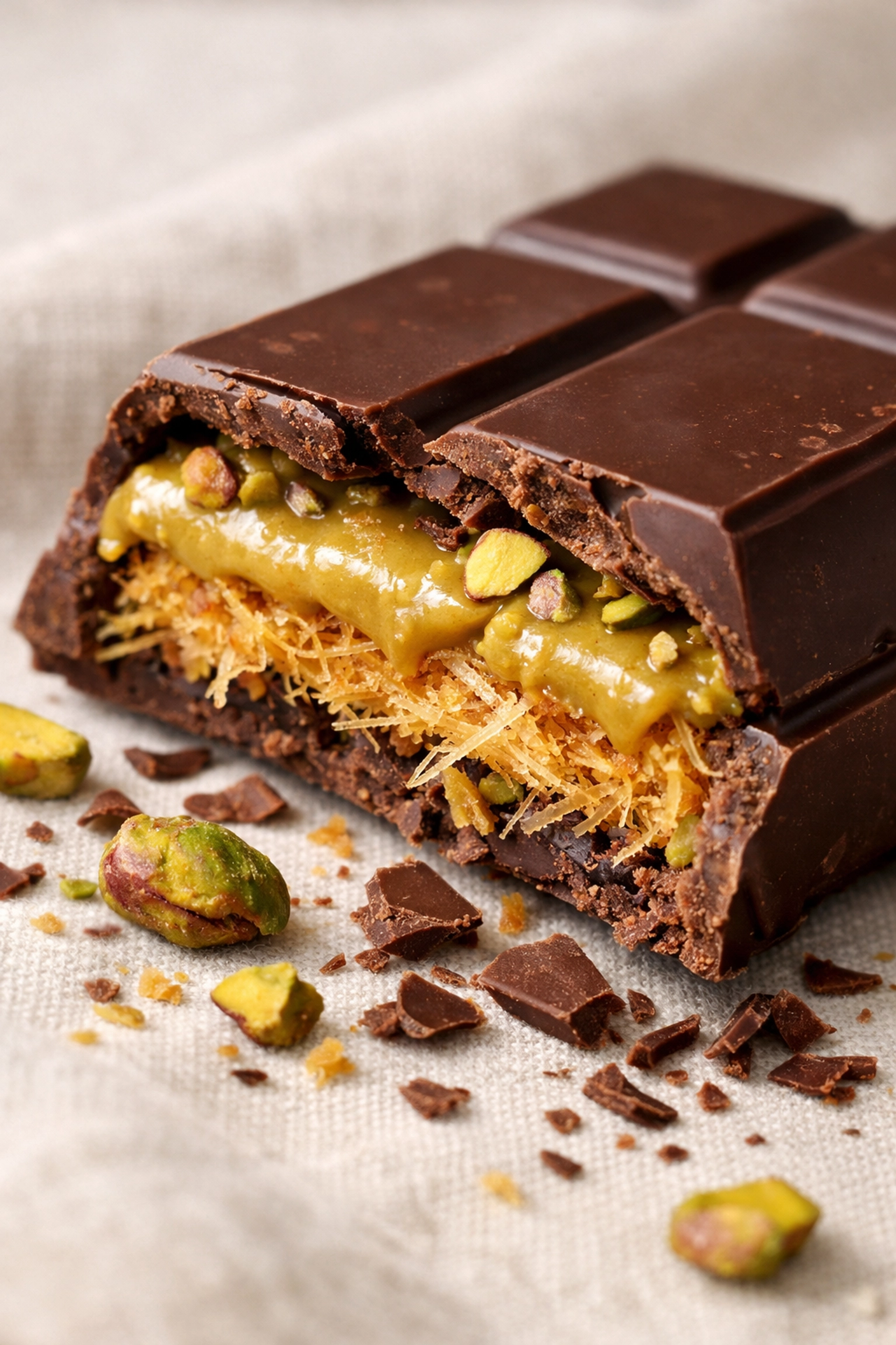 Broken artisan chocolate bar revealing pistachio cream and crispy pastry filling with textured layers