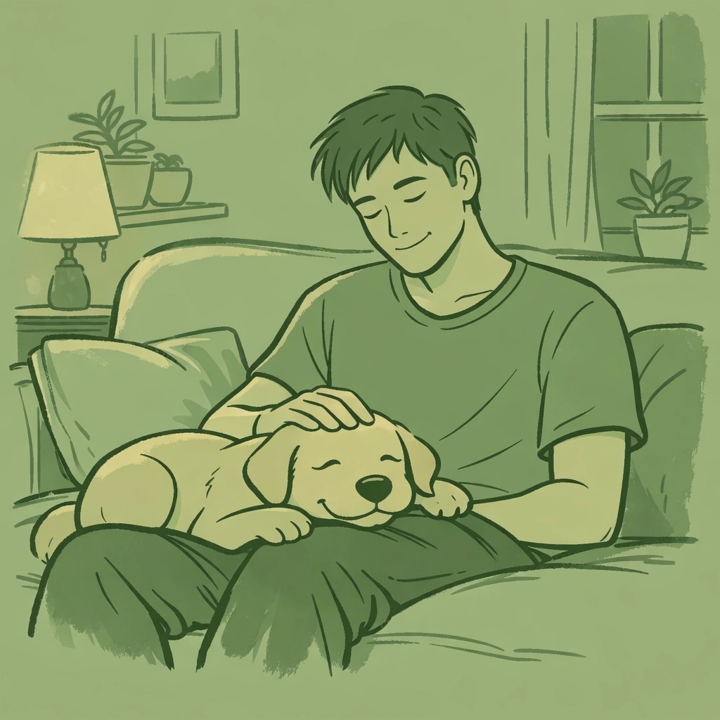 Young man finding comfort with rescue dog on couch - emotional support animal bond