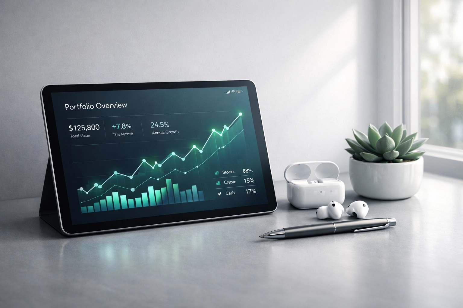AI Agents for Money Management: How Autonomous Finance Is Changing Budgeting, Bills, and Investing 4 Tablet displaying AI investment portfolio dashboard with rising performance graphs