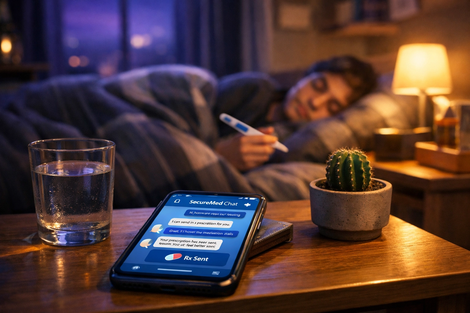 Student resting in a dorm room while receiving an online prescription through 24/7 telehealth medical messaging.