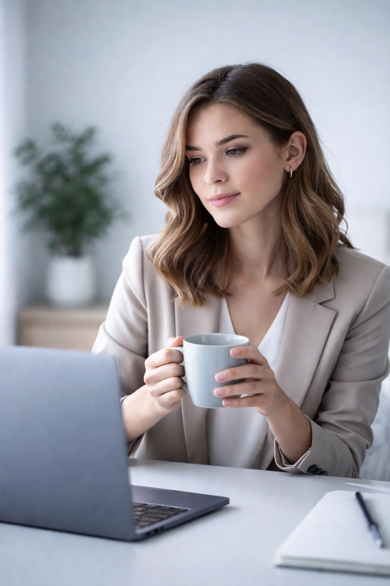 Woman at a modern desk considers supplemental insurance for employees, evaluating benefit choices.