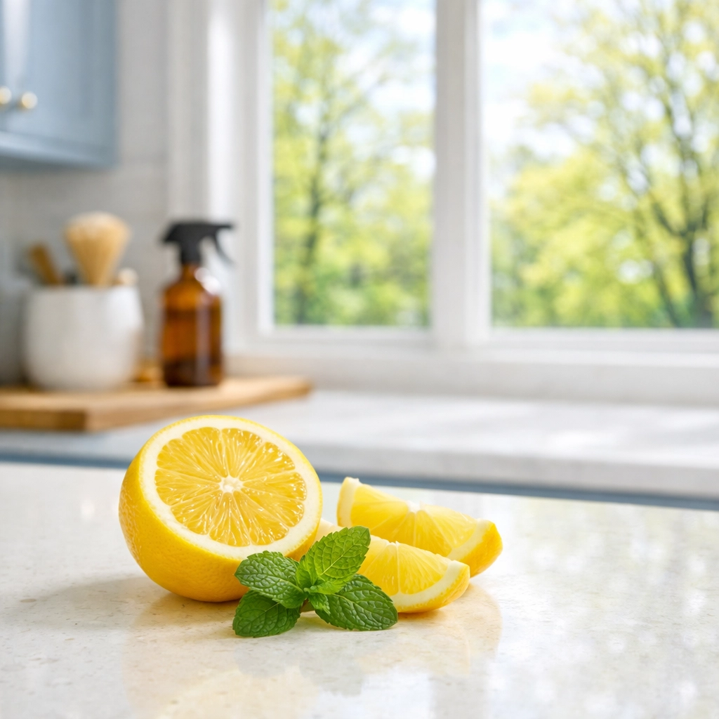 Fresh lemon and mint on a clean kitchen counter reflecting eco-friendly house cleaning MA practices.