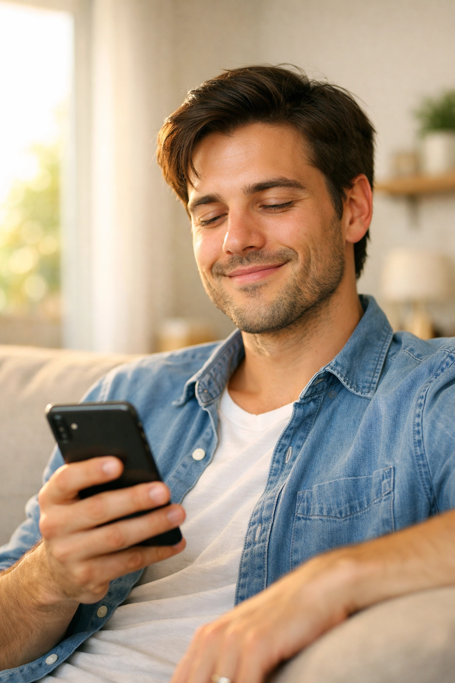Homme soulagé demandant un prêt sans enquête de crédit sur son téléphone pour un besoin urgent.