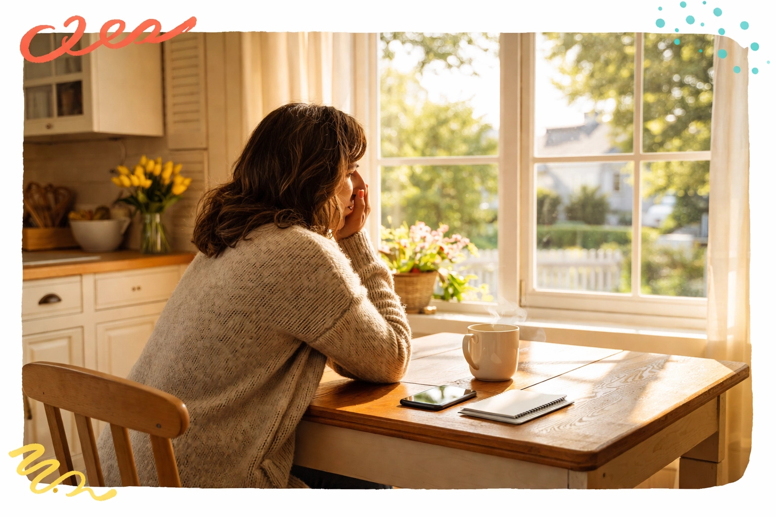 Person sits at a farmhouse kitchen table looking thoughtful about real estate decisions in North Metro Atlanta