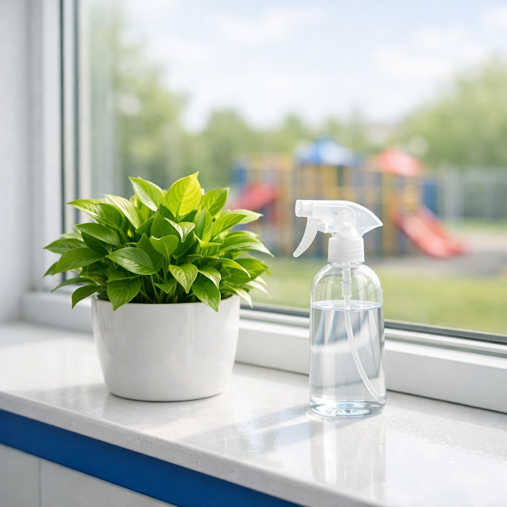 Eco-friendly cleaning products on a bright school windowsill promoting healthy indoor air quality.