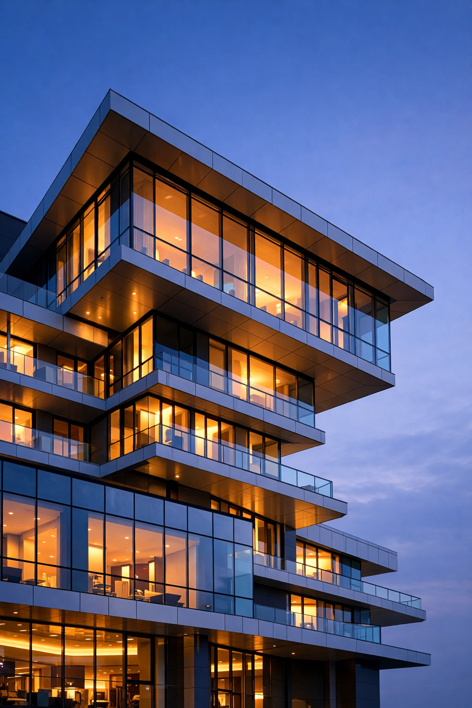 Contemporary hotel exterior at twilight, symbolizing innovative and automated hotel management software.